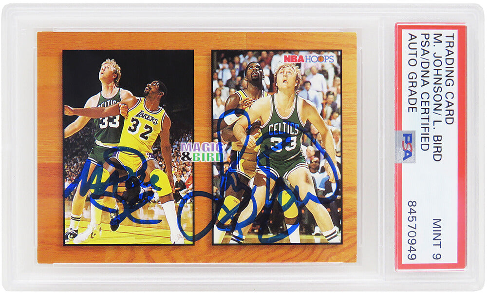 Larry Bird & Magic Johnson Dual Signed Celtics / Lakers 1994 NBA Hoops Card #MB1 - (PSA Encapsulated / Auto Grade 9) - BIRCAR221 - Larry Bird & Magic Johnson Dual Signed Celtics / Lakers 1994 NBA Hoops Card #MB1 - (PSA Encapsulated / Auto Grade 9) product image