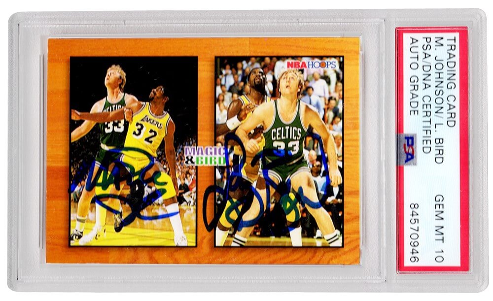 Larry Bird & Magic Johnson Dual Signed Celtics / Lakers 1994 NBA Hoops Card #MB1 - (PSA Encapsulated / Auto Grade 10) - BIRCAR222 - Larry Bird & Magic Johnson Dual Signed Celtics / Lakers 1994 NBA Hoops Card #MB1 - (PSA Encapsulated / Auto Grade 10) product image