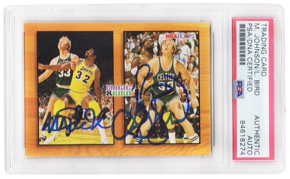 Larry Bird & Magic Johnson Dual Signed Celtics / Lakers 1994 NBA Hoops Card #MB1 - (PSA Encapsulated) - BIRCAR223 - Larry Bird & Magic Johnson Dual Signed Celtics / Lakers 1994 NBA Hoops Card #MB1 - (PSA Encapsulated) product image