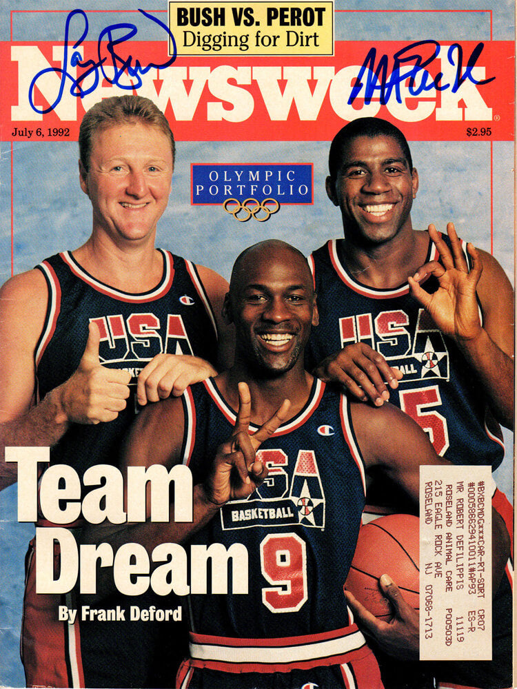 Larry Bird & Magic Johnson Dual Signed Newsweek June 6, 1992 Original Magazine w/Michael Jordan - BIRMAG210 - Larry Bird & Magic Johnson Dual Signed Newsweek June 6, 1992 Original Magazine w/Michael Jordan product image