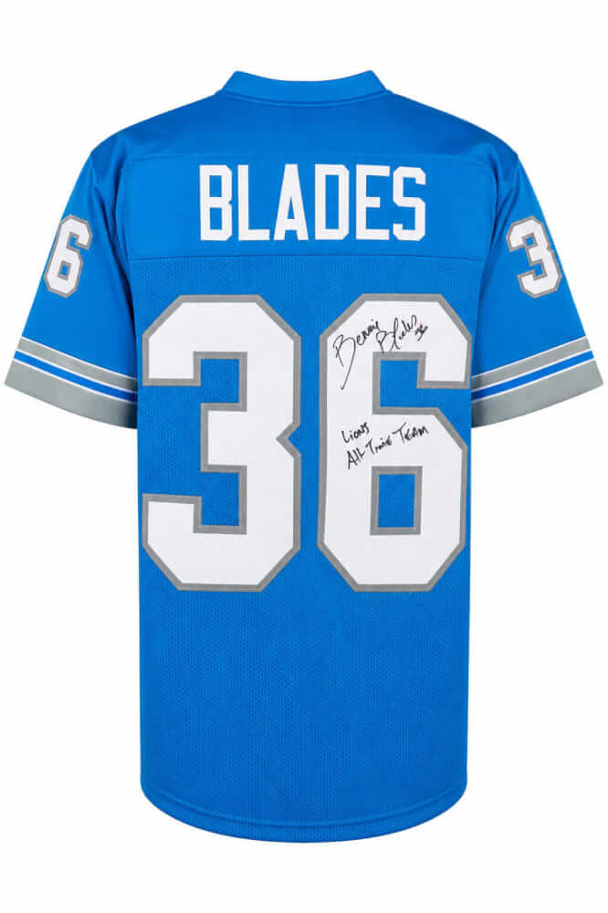 Bennie Blades Signed Blue Throwback Custom Football Jersey w/Lions All-Time Team - BLAJRY330 - Bennie Blades Signed Blue Throwback Custom Football Jersey w/Lions All-Time Team product image