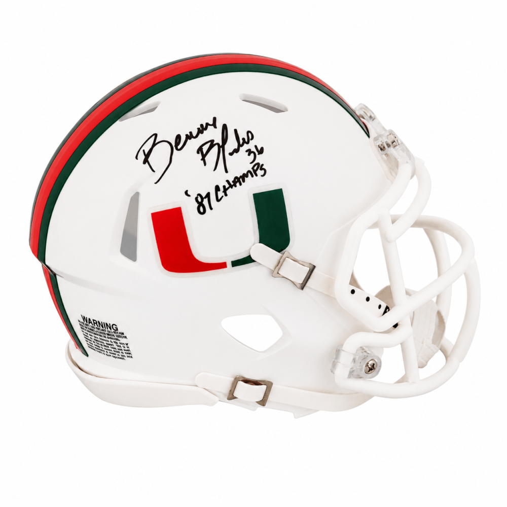 Bennie Blades Signed Miami Hurricanes Riddell Speed Mini Helmet w/87 Champs - BLAMIN332 - Bennie Blades Signed Miami Hurricanes Riddell Speed Mini Helmet w/87 Champs product image