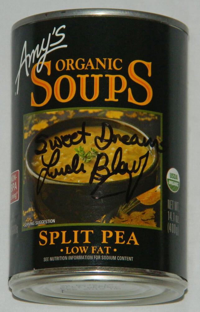Linda Blair Signed Split Pea Soup Can w/Sweet Dreams (black) - BLAOTH502 - Linda Blair Signed Split Pea Soup Can w/Sweet Dreams (black) product image
