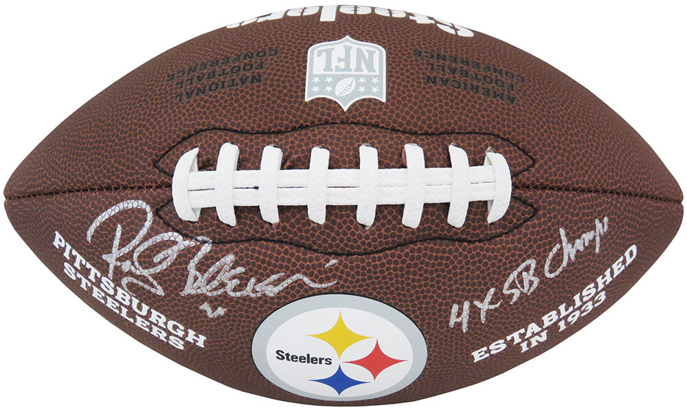 Rocky Bleier Signed Pittsburgh Steelers Wilson Brown Logo NFL Football w/4x SB Champs - BLEFTB304 - Rocky Bleier Signed Pittsburgh Steelers Wilson Brown Logo NFL Football w/4x SB Champs product image