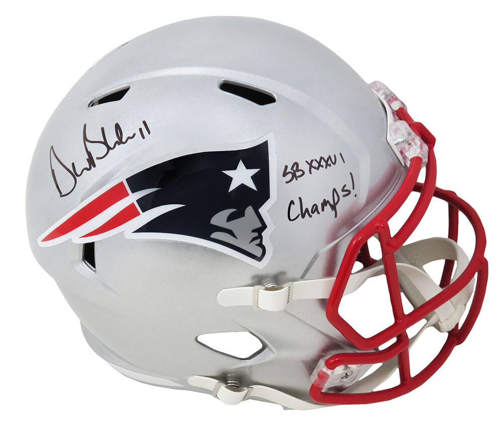 Drew Bledsoe Signed New England Patriots Riddell Full Size Speed Replica Helmet w/SB XXXVI Champs - BLEREP321 - Drew Bledsoe Signed New England Patriots Riddell Full Size Speed Replica Helmet w/SB XXXVI Champs product image
