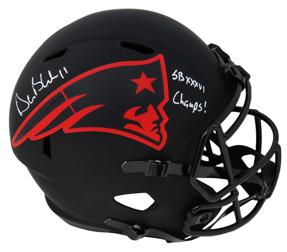 Drew Bledsoe Signed New England Patriots Eclipse Black Matte Riddell Full Size Speed Replica Helmet w/SB XXXVI Champs - BLEREP325 - Drew Bledsoe Signed New England Patriots Eclipse Black Matte Riddell Full Size Speed Replica Helmet w/SB XXXVI Champs product image
