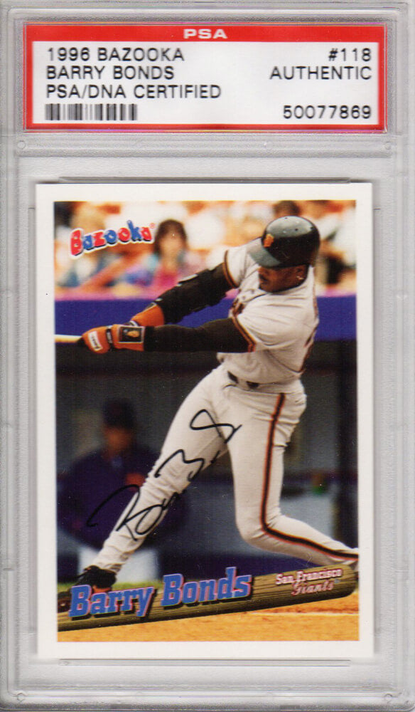 Barry Bonds Signed San Francisco Giants 1996 Bazooka Trading Card #118 - (PSA Encapsulated) - BONCAR100 - Barry Bonds Signed San Francisco Giants 1996 Bazooka Trading Card #118 - (PSA Encapsulated) product image