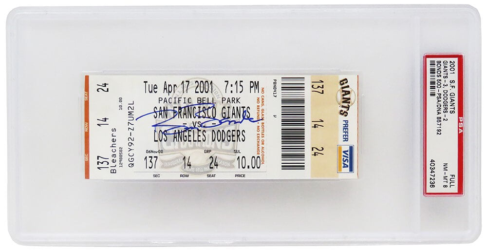 Barry Bonds Signed San Francisco Giants vs Los Angeles Dodgers April 17, 2001 Ticket Stub (Bonds' 500th HR Game) - (PSA / NM-MT 8) - BONTIC100 - Barry Bonds Signed San Francisco Giants vs Los Angeles Dodgers April 17, 2001 Ticket Stub (Bonds' 500th HR Game) - (PSA / NM-MT 8) product image