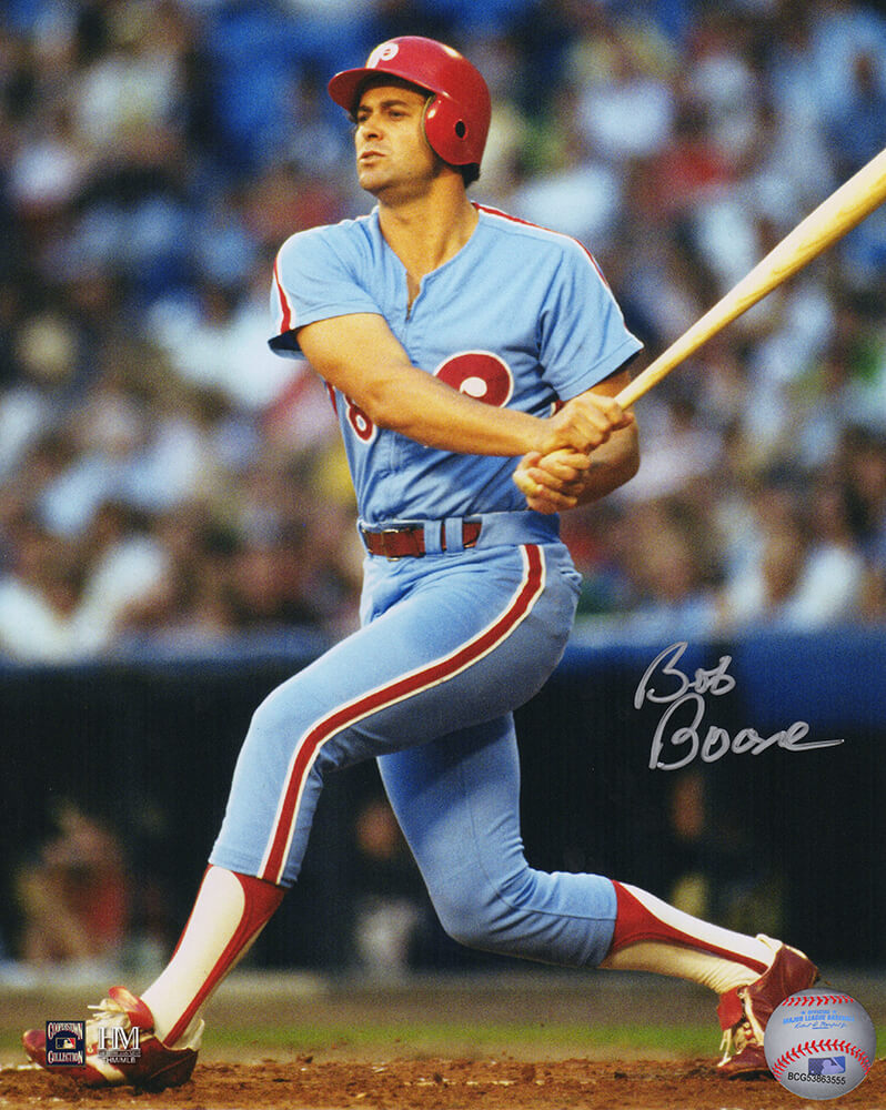 Bob Boone Signed Philadelphia Phillies Throwback Jersey Swinging Action 8x10 Photo - BOO08P104 - Bob Boone Signed Philadelphia Phillies Throwback Jersey Swinging Action 8x10 Photo product image