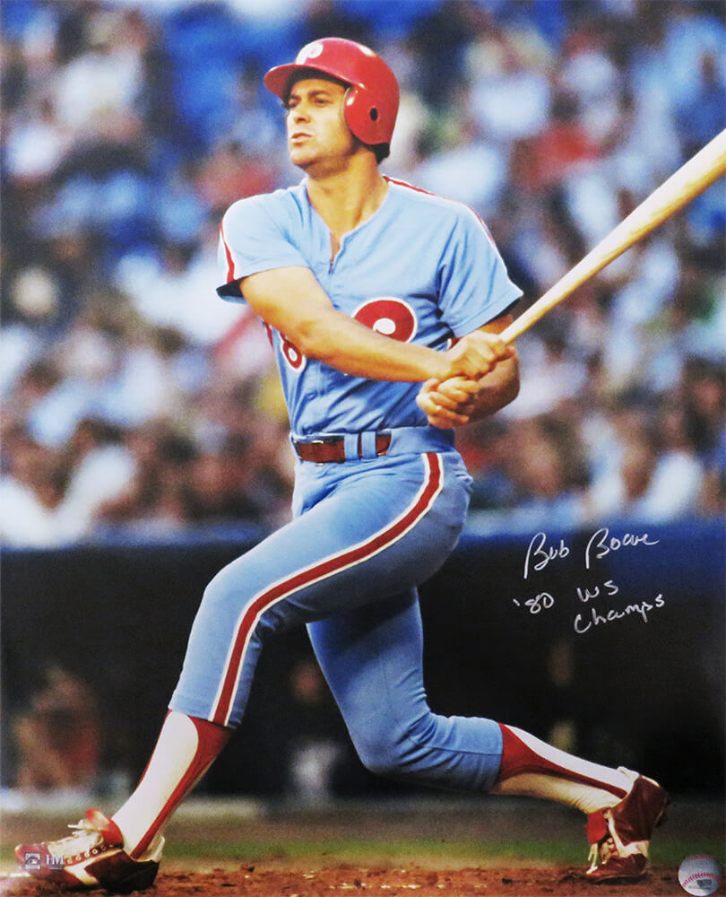Bob Boone Signed Philadelphia Phillies Throwback Jersey Swinging Action 16x20 Photo w/80 WS Champs - BOO16P100 - Bob Boone Signed Philadelphia Phillies Throwback Jersey Swinging Action 16x20 Photo w/80 WS Champs product image