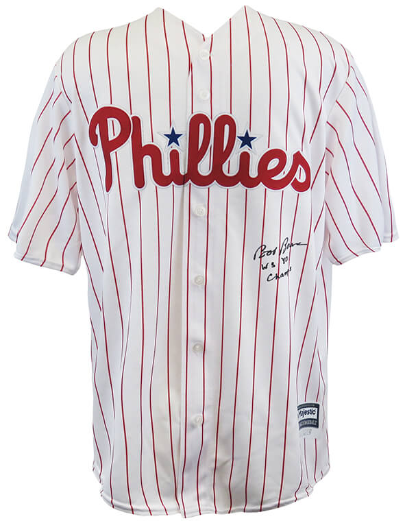 Bob Boone Signed Philadelphia Phillies White Pinstripe Majestic Replica Baseball Jersey w/80 WS Champs - BOOJRY100 - Bob Boone Signed Philadelphia Phillies White Pinstripe Majestic Replica Baseball Jersey w/80 WS Champs product image