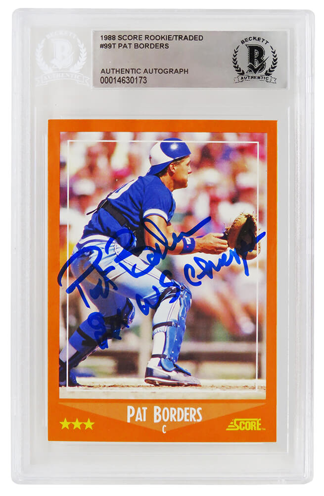 Pat Borders Signed Toronto Blue Jays 1988 Score Traded Baseball Rookie Card #99T w/2x WS Champs - (Beckett Encapsulated) - BORCAR104 - Pat Borders Signed Toronto Blue Jays 1988 Score Traded Baseball Rookie Card #99T w/2x WS Champs - (Beckett Encapsulated) product image