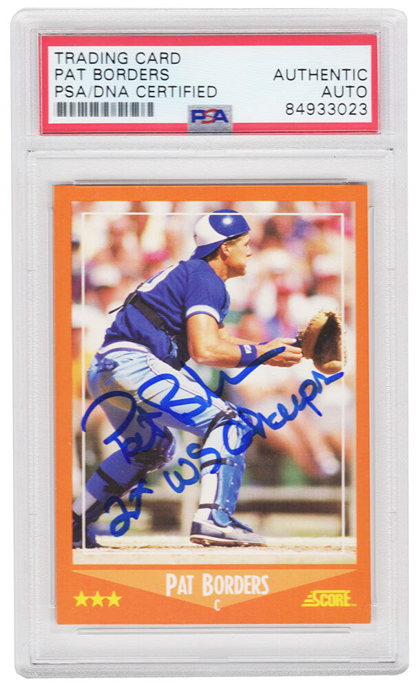 Pat Borders Signed Toronto Blue Jays 1988 Score Traded Rookie Baseball Card #99T w/92 WS Champs  (PSA Encapsulated) - BORCAR107 - Pat Borders Signed Toronto Blue Jays 1988 Score Traded Rookie Baseball Card #99T w/92 WS Champs (PSA Encapsulated) product image