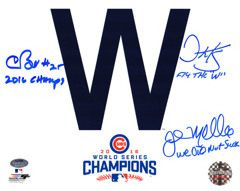 Chris Bosio, John Mallee & Dave Martinez Signed Cubs 2016 World Series Champions White W Flag 8x10 Photo w/3 Inscriptions - BOS08P113 - Chris Bosio, John Mallee & Dave Martinez Signed Cubs 2016 World Series Champions White W Flag 8x10 Photo w/3 Inscriptions product image
