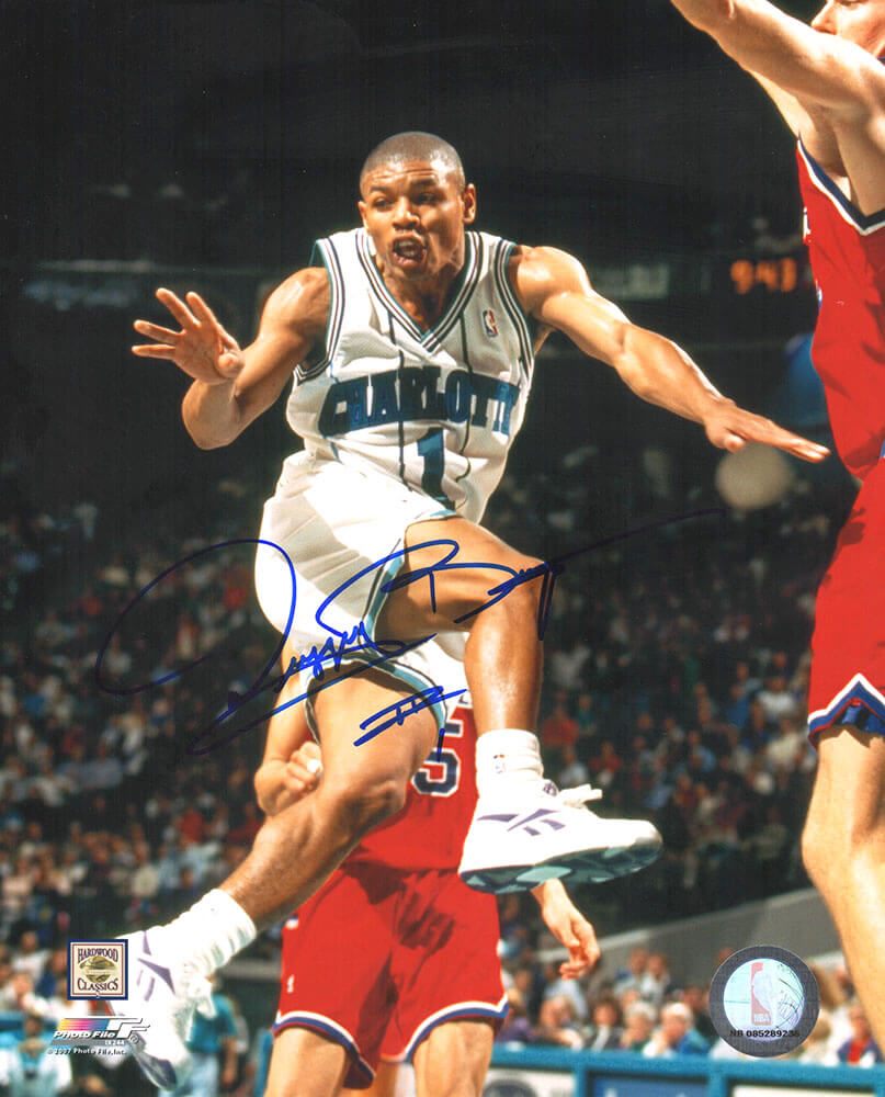 Muggsy Bogues Signed Charlotte Hornets White Jersey Action 8x10 Photo - BOU08P201 - Muggsy Bogues Signed Charlotte Hornets White Jersey Action 8x10 Photo product image