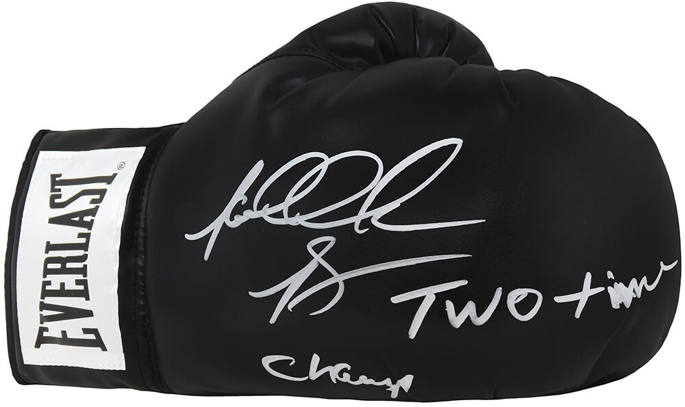 Riddick Bowe Signed Everlast Black Boxing Glove w/Two Time Champ - BOWGLV507 - Riddick Bowe Signed Everlast Black Boxing Glove w/Two Time Champ product image