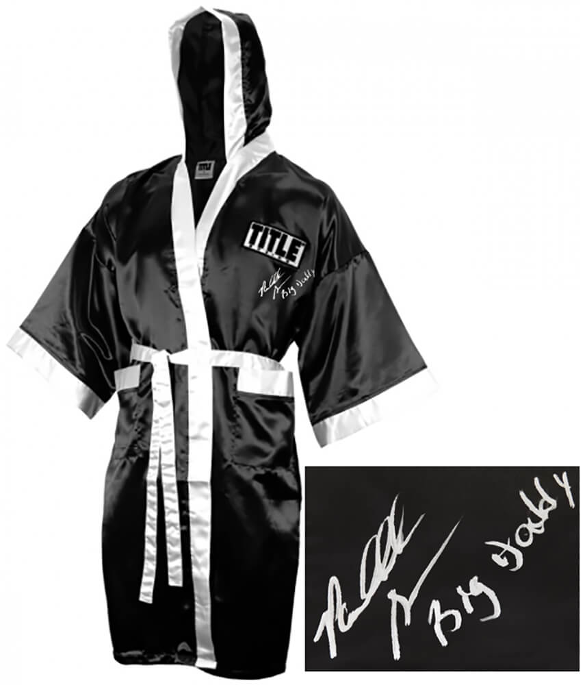 Riddick Bowe Signed Everlast Black Full Length Boxing Robe w/Big Daddy - BOWROB501 - Riddick Bowe Signed Everlast Black Full Length Boxing Robe w/Big Daddy product image