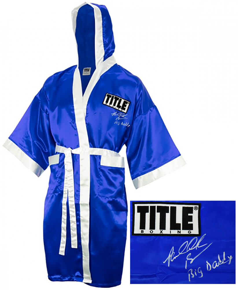 Riddick Bowe Signed Title Blue Boxing Robe w/Big Daddy - BOWROB502 - Riddick Bowe Signed Title Blue Boxing Robe w/Big Daddy product image