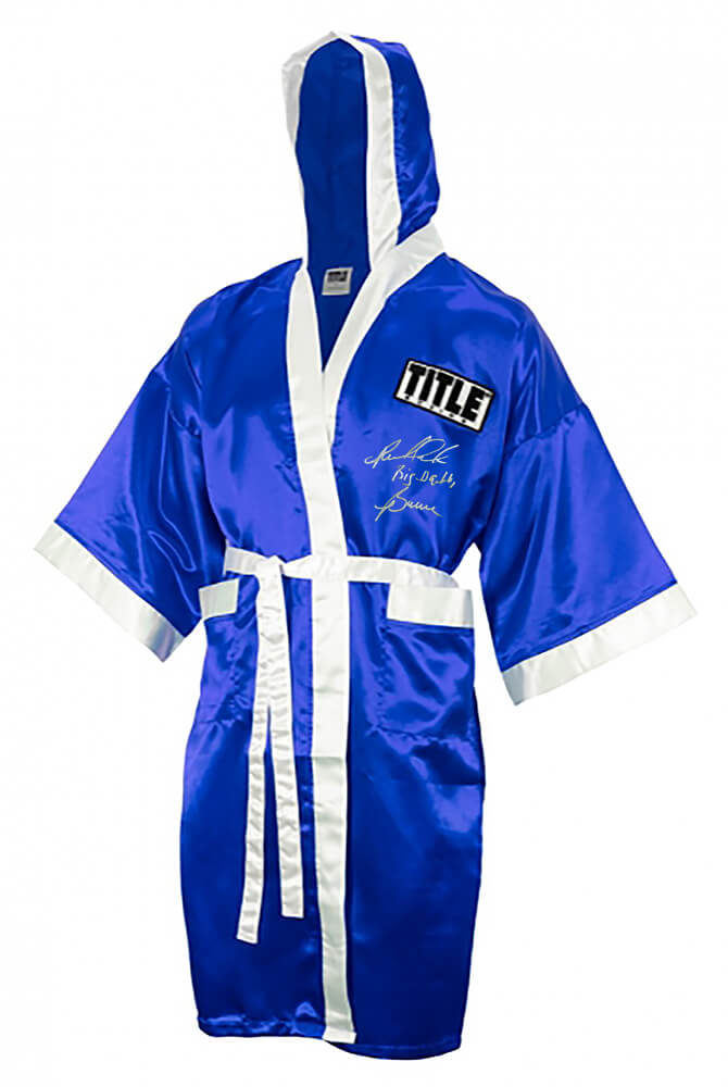 Riddick Bowe Signed Title Blue & White Boxing Robe w/Big Daddy - BOWROB503 - Riddick Bowe Signed Title Blue & White Boxing Robe w/Big Daddy product image