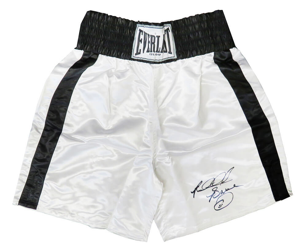 Riddick Bowe Signed Everlast White Boxing Trunks - BOWTRU500 - Riddick Bowe Signed Everlast White Boxing Trunks product image