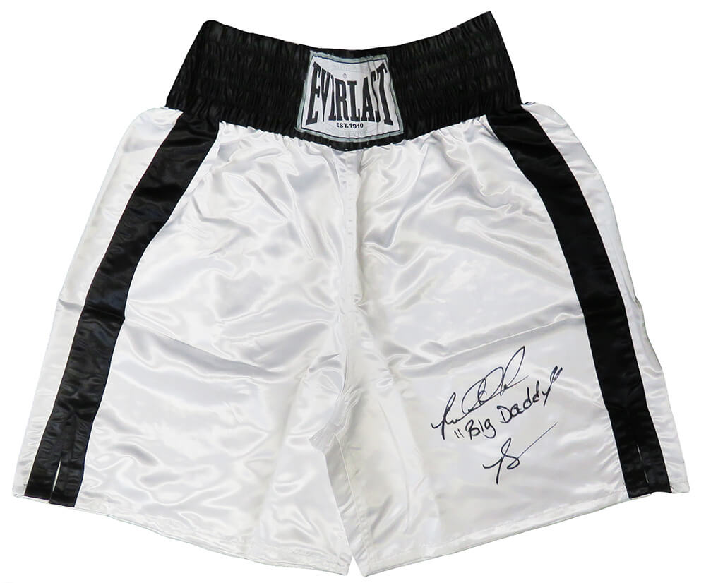 Riddick Bowe Signed Everlast White Boxing Trunks w/Big Daddy - BOWTRU501 - Riddick Bowe Signed Everlast White Boxing Trunks w/Big Daddy product image