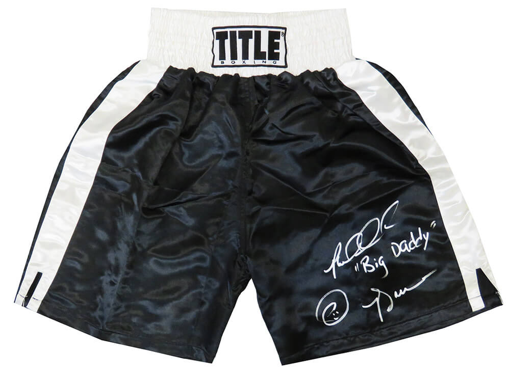 Riddick Bowe Signed Title Black Boxing Trunks w/Big Daddy - BOWTRU502 - Riddick Bowe Signed Title Black Boxing Trunks w/Big Daddy product image
