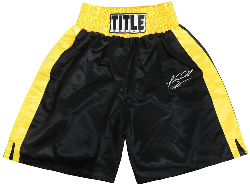 Riddick Bowe Signed Title Black & Gold Trim Boxing Trunks - BOWTRU503 - Riddick Bowe Signed Title Black & Gold Trim Boxing Trunks product image