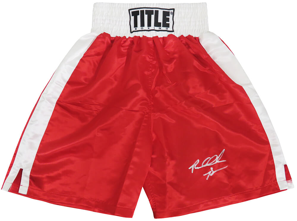 Riddick Bowe Signed Title Red & White Trim Boxing Trunks - BOWTRU504 - Riddick Bowe Signed Title Red & White Trim Boxing Trunks product image