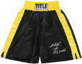 Riddick Bowe Signed Title Balck & Gold Trim Boxing Trunks w/Big Daddy - BOWTRU505 - Riddick Bowe Signed Title Balck & Gold Trim Boxing Trunks w/Big Daddy product image