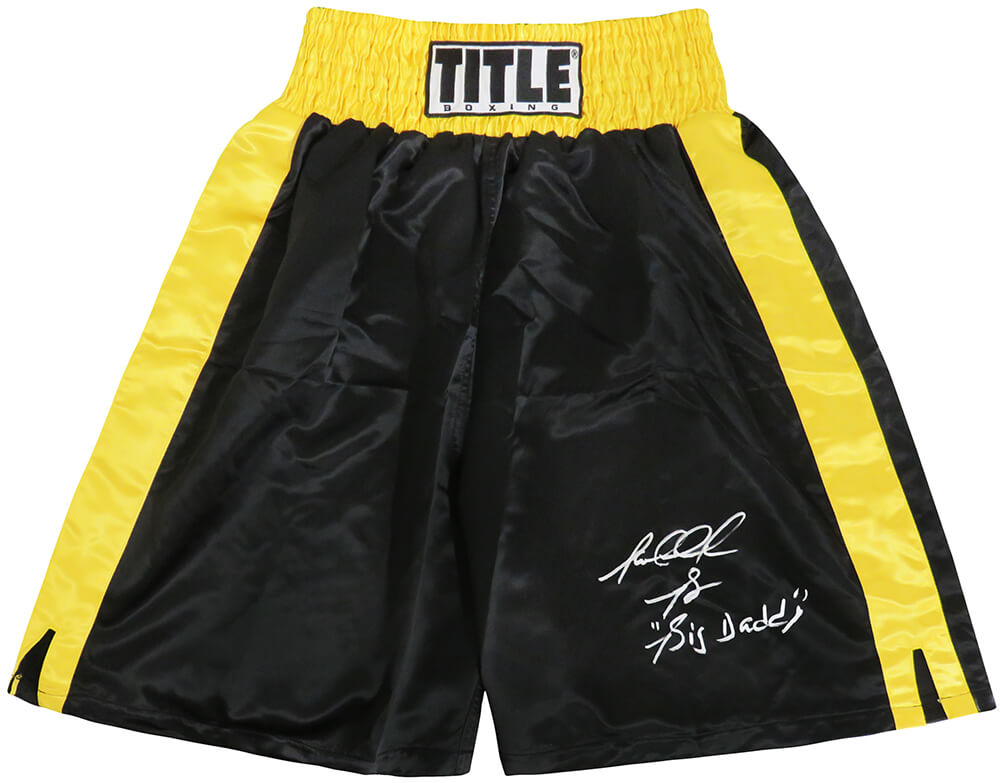 Riddick Bowe Signed Title Balck & Gold Trim Boxing Trunks w/Big Daddy - BOWTRU505 - Riddick Bowe Signed Title Balck & Gold Trim Boxing Trunks w/Big Daddy product image
