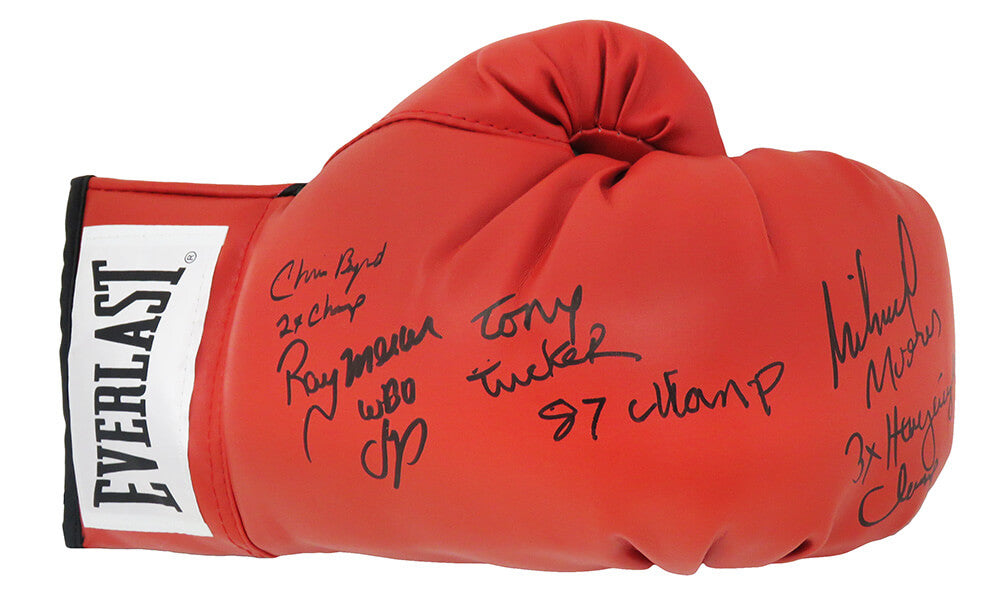 Michael Moorer, Tony Tucker, Chris Byrd & Ray Mercer Multi Signed Everlast Red Boxing Glove w/Champ Insc - BOXGLV501 - Michael Moorer, Tony Tucker, Chris Byrd & Ray Mercer Multi Signed Everlast Red Boxing Glove w/Champ Insc product image