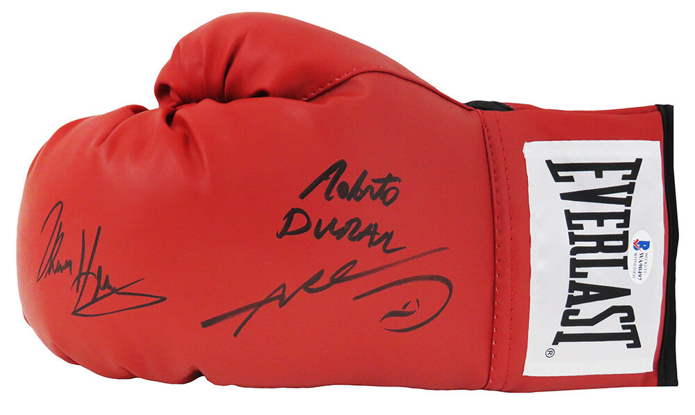 Sugar Ray Leonard, Roberto Duran and Thomas Hearns Signed Everlast Red Boxing Glove (Beckett) - BOXGLV502 - Sugar Ray Leonard, Roberto Duran and Thomas Hearns Signed Everlast Red Boxing Glove (Beckett) product image
