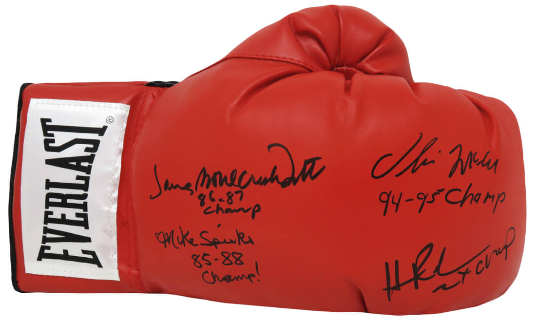 4 Former Boxing Heavyweight Champions Multi Signed Everlast Red Right Hand Boxing Glove w/Champ Inscriptions - BOXGLV506 - 4 Former Boxing Heavyweight Champions Multi Signed Everlast Red Right Hand Boxing Glove w/Champ Inscriptions product image
