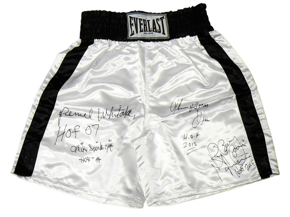 Thomas Hearns, Pernell Whitaker, Michael Spinks & Ray Mancini Multi Signed Everlast White Trunks w/HOF Years - BOXTRU500 - Thomas Hearns, Pernell Whitaker, Michael Spinks & Ray Mancini Multi Signed Everlast White Trunks w/HOF Years product image
