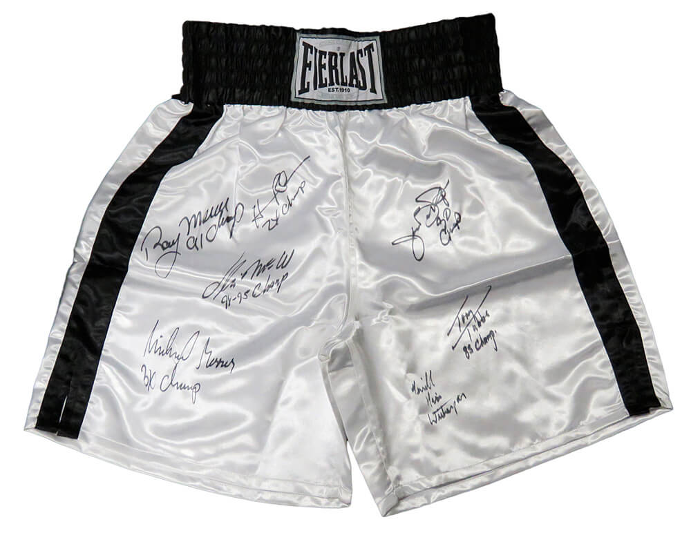 7 Former Boxing Heavyweight Champions Multi Signed Everlast White Boxing Trunks With Champion Years Inscriptions - BOXTRU501 - 7 Former Boxing Heavyweight Champions Multi Signed Everlast White Boxing Trunks With Champion Years Inscriptions product image