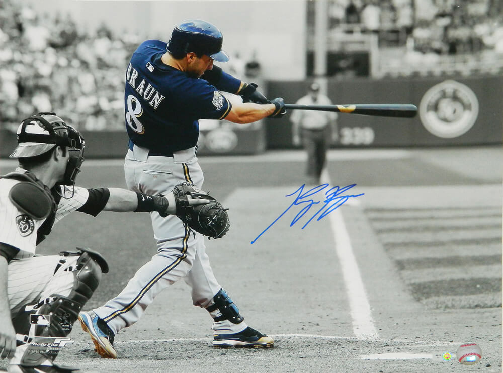 Ryan Braun Signed Milwaukee Brewers Swinging Spotlight 16x20 Photo - BRA16P100 - Ryan Braun Signed Milwaukee Brewers Swinging Spotlight 16x20 Photo product image