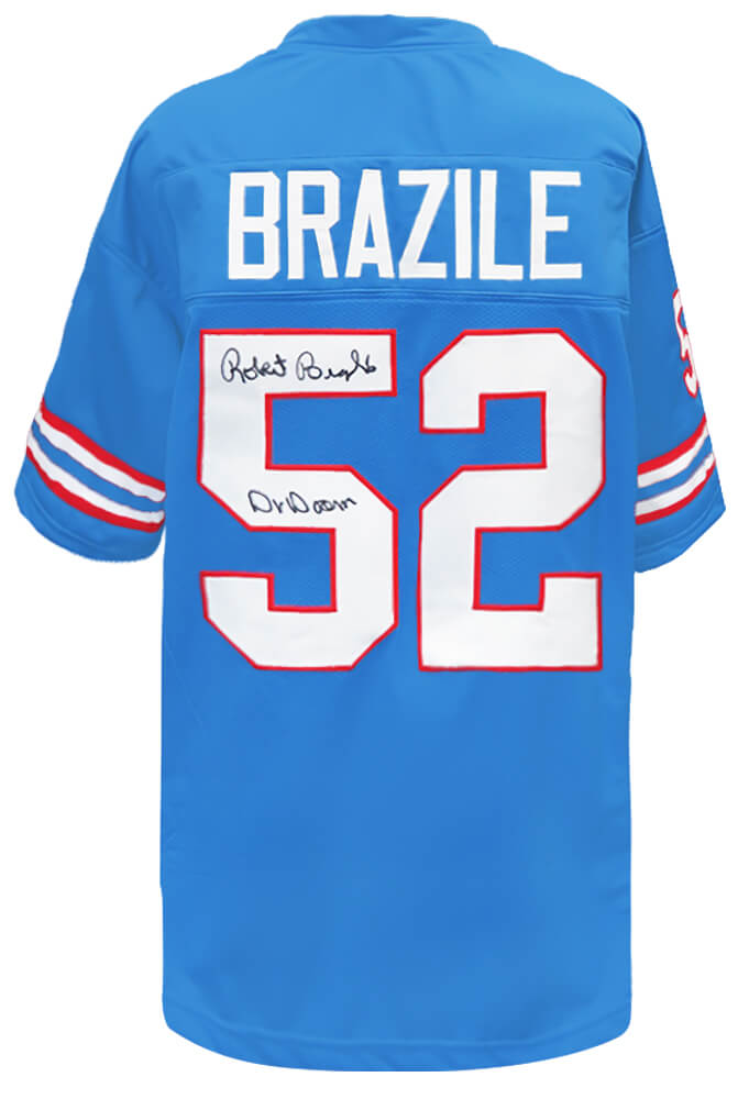 Robert Brazile Signed Blue Throwback Custom Football Jersey w/Dr. Doom - BRAJRY321 - Robert Brazile Signed Blue Throwback Custom Football Jersey w/Dr. Doom product image