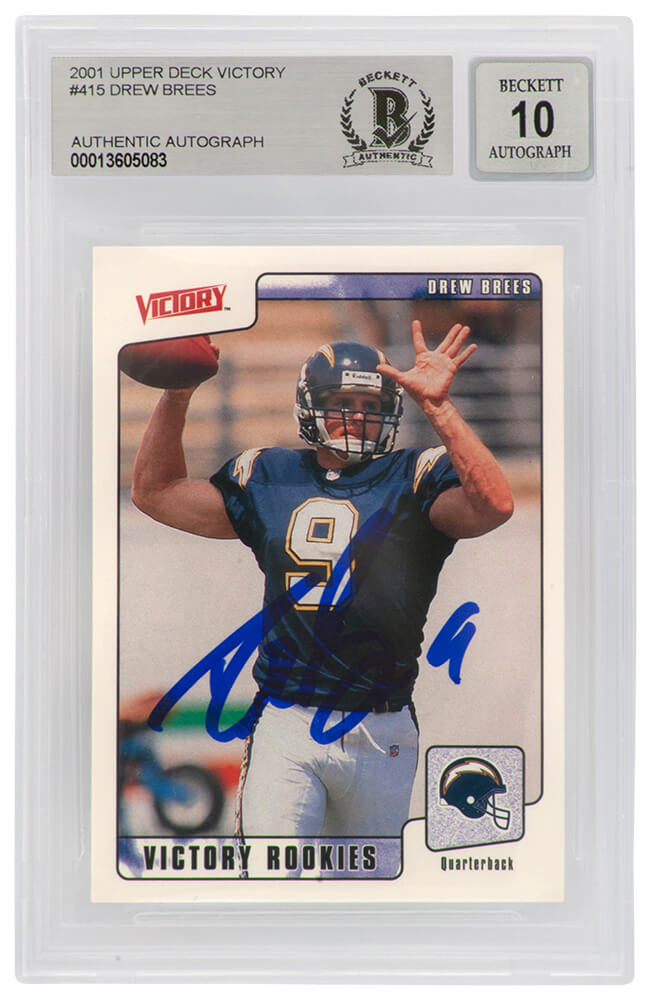 Drew Brees Signed Chargers 2001 Upper Deck Victory Rookie Football Card #415 - (Beckett / Auto Grade 10) - BRECAR300 - Drew Brees Signed Chargers 2001 Upper Deck Victory Rookie Football Card #415 - (Beckett / Auto Grade 10) product image