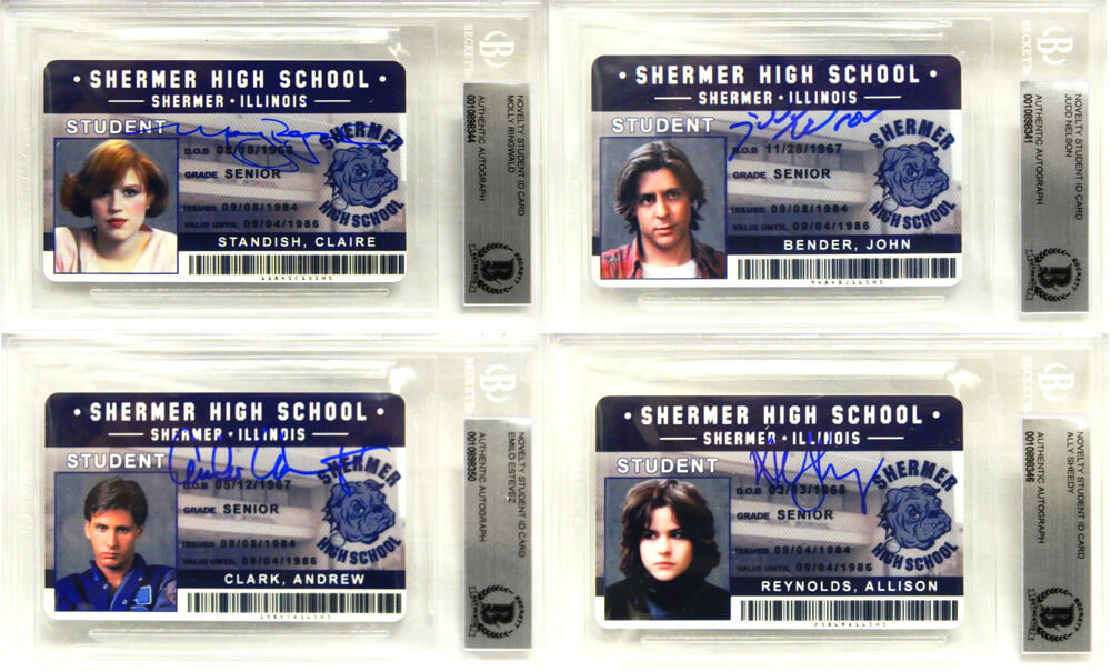 The Breakfast Club Cast (Lot of 4) Signed Shermer High School ID Cards (Estevez, Ringwald, Nelson, Sheedy)(Beckett Encapsulated) - BRECAR500 - The Breakfast Club Cast (Lot of 4) Signed Shermer High School ID Cards (Estevez, Ringwald, Nelson, Sheedy)(Beckett Encapsulated) product image