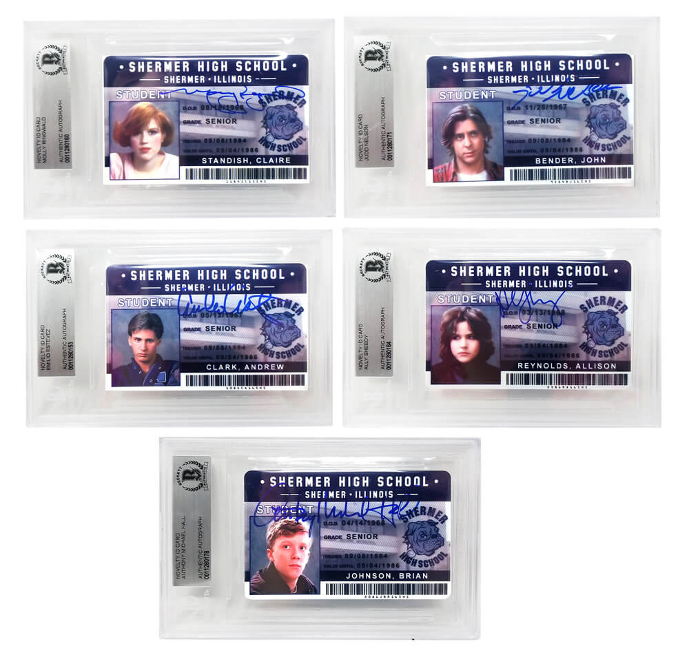 The Breakfast Club Cast (Lot of 5) Signed Shermer High School ID Cards (Estevez, Ringwald, Nelson, Hall, Sheedy)(Beckett Encapsulated) - BRECAR501 - The Breakfast Club Cast (Lot of 5) Signed Shermer High School ID Cards (Estevez, Ringwald, Nelson, Hall, Sheedy)(Beckett Encapsulated) product image