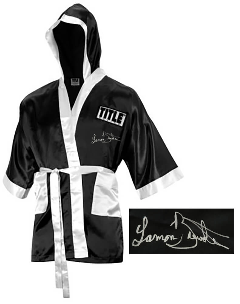 Lamon Brewster Signed Title Black Boxing Robe w/Relentless - BREROB500 - Lamon Brewster Signed Title Black Boxing Robe w/Relentless product image