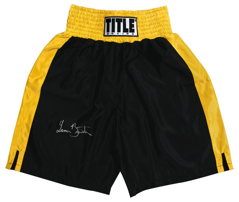Lamon Brewster Signed Title Black With Gold Trim Boxing Trunks - BRETRU500 - Lamon Brewster Signed Title Black With Gold Trim Boxing Trunks product image