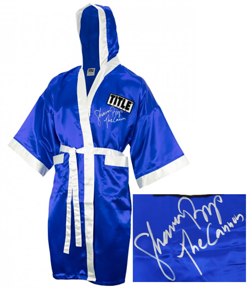Shannon Briggs Signed Title Blue With White Trim Boxing Robe w/The Cannon - BRIROB500 - Shannon Briggs Signed Title Blue With White Trim Boxing Robe w/The Cannon product image