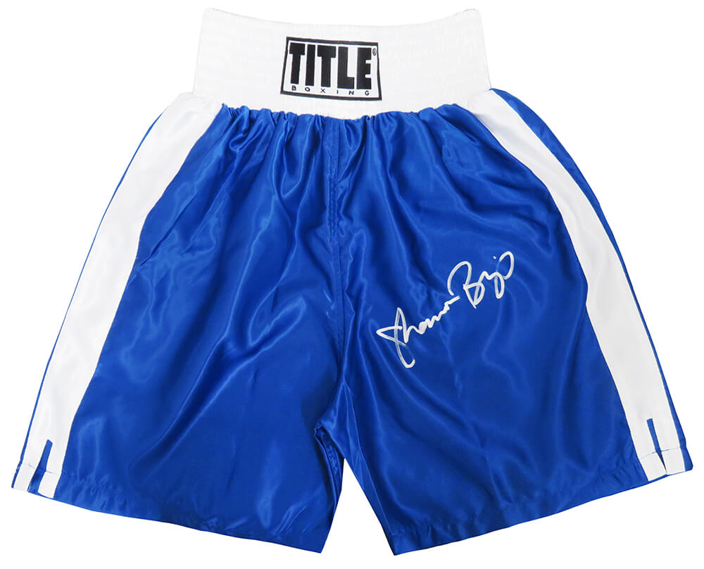 Shannon Briggs Signed Title Blue With White Trim Boxing Trunks - BRITRU500 - Shannon Briggs Signed Title Blue With White Trim Boxing Trunks product image