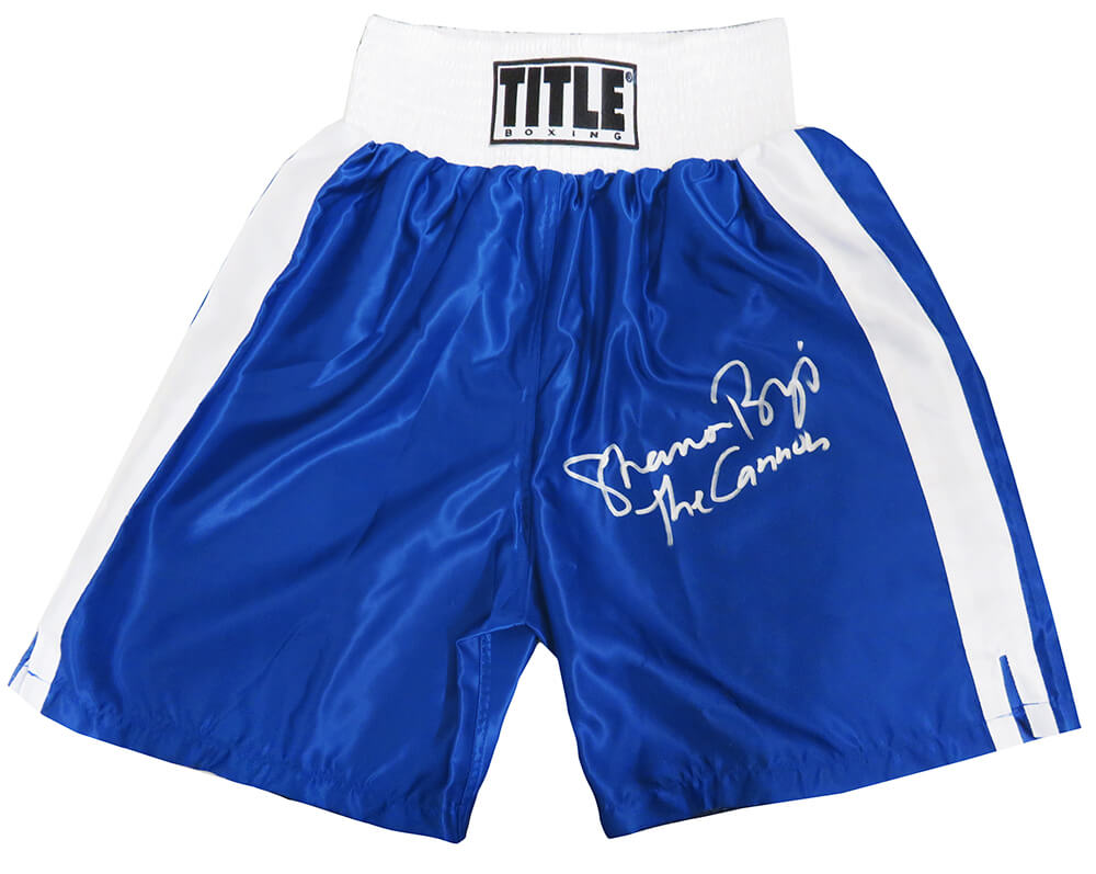 Shannon Briggs Signed Title Blue With White Trim Boxing Trunks w/The Cannon - BRITRU501 - Shannon Briggs Signed Title Blue With White Trim Boxing Trunks w/The Cannon product image
