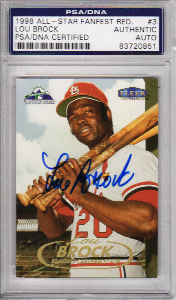 Lou Brock Signed St Louis Cardinals 1998 Fleer Tradition Trading Card #3 - (PSA Encapsulated) - BROCAR101 - Lou Brock Signed St Louis Cardinals 1998 Fleer Tradition Trading Card #3 - (PSA Encapsulated) product image
