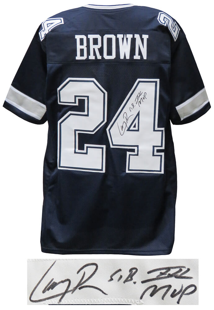 Larry Brown Signed Navy Custom Football Jersey w/SB XXX MVP - BROJRY320 - Larry Brown Signed Navy Custom Football Jersey w/SB XXX MVP product image