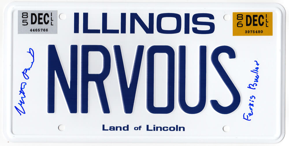 Matthew Broderick Signed Ferris Bueller's Day Off 'NRVOUS' Illinois License Plate w/Ferris Bueller - BROOTH501 - Matthew Broderick Signed Ferris Bueller's Day Off 'NRVOUS' Illinois License Plate w/Ferris Bueller product image