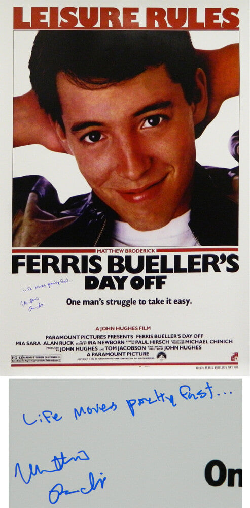 Matthew Broderick Signed Ferris Bueller's Day Off 27x40 Full Size Movie Poster w/Life Moves Pretty Fast - BROPST522 - Matthew Broderick Signed Ferris Bueller's Day Off 27x40 Full Size Movie Poster w/Life Moves Pretty Fast product image