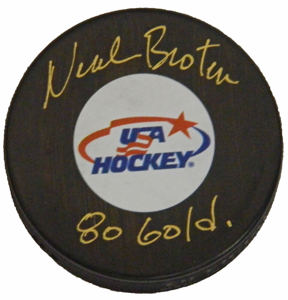 Neal Broten Signed USA Hockey Logo Hockey Puck w/80 Gold - BROPUC410 - Neal Broten Signed USA Hockey Logo Hockey Puck w/80 Gold product image